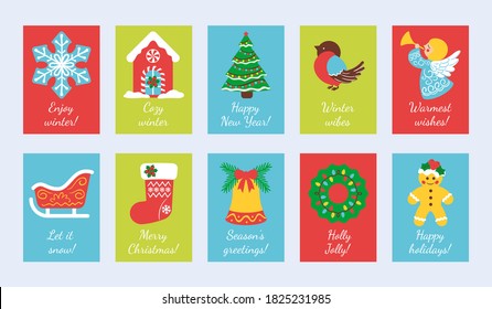 Set of Christmas gift cards with various wishes and symbols: angel, bell, Christmas wreath, tree, sled, stocking, gingerbread man, house, bird, snowflake. Vector illustration, label, tag, postcard