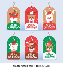 Set of Christmas gift labels isolated with cartoon characters: deer, bear, fox, hare, cat, dog. Vector illustration, label, tag, postcard