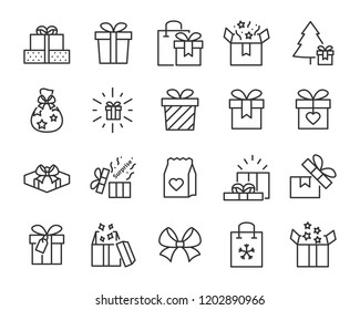 set of christmas gift  line icon, such as christmas tree, candy, box, bow, present