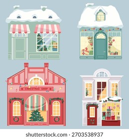 Conjunto de tiendas de regalos de Navidad sobre fondo aislado. Ilustración vectorial.