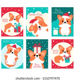 Set of Christmas gift tag, card, badge, sticker with cute corgi dog. Inscription - Merry Christmas, Season of joy. Vector template card for greeting, decoration, congratulation, invitation. EPS8