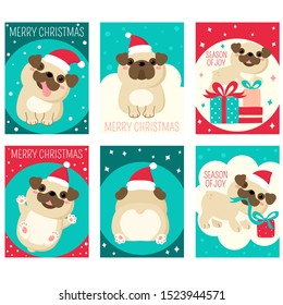 Set of Christmas gift tag, card, badge, sticker with cute pugs. Inscription - Merry Christmas, Season of joy. Vector template card for greeting, decoration, congratulation, invitation. EPS8