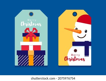 Set of Christmas gift tag decorative with pile of gift box and snowman flat design style, vector illustration
