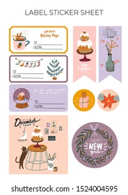 Set of Christmas gift tag, label, stickers. Scandinavian interior illustration with home decorations. Cozy Winter holiday season. Cute Christmas typography in Hygge style. Vector. Isolated.
