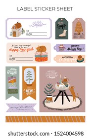 Set of Christmas gift tag, label, stickers. Scandinavian interior illustration with home decorations. Cozy Winter holiday season. Cute Christmas typography in Hygge style. Vector. Isolated.