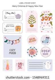 Set of Christmas gift tag, label, stickers with traditional winter elements  in Hygge style. Cozy Winter holiday season. Christmas and New 2020 Year Label Sticker Sheet