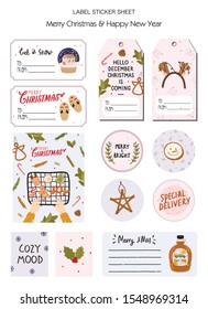 Set of Christmas gift tag, label, stickers with traditional winter elements  in Hygge style. Cozy Winter holiday season. Christmas and New 2020 Year Label Sticker Sheet