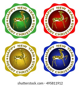 set of Christmas gift tag round icon with a deer in the glittering background of different colors.Vector illustration.