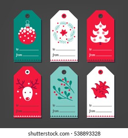 Set of Christmas Gift Tags with ball, wreath, fir tree, deer, cone and mistletoe in White, Green and Red. Perfect for holiday greetings