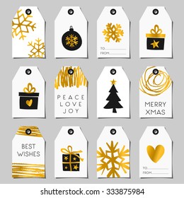 A set of Christmas gift tags in black, white and gold. Traditional Christmas elements and modern abstract designs.