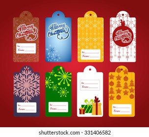 Set of Christmas gift tags with gift box, snowflakes and a handwritten inscription Merry Christmas. Perfect for holiday greetings.