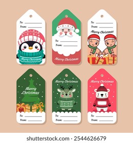 Set of Christmas Gift Tags with Cute Cartoon Characters and Holiday Greetings