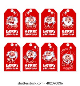 Set of Christmas gift tags with cute shaggy gnome. Holiday label ready-to-use. Vector illustration isolated on a white background.