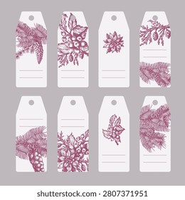 Set of Christmas gift tags decorated with hand drawn pine branches, cones, holly berries and botanical ornaments. Vintage engraved style with writing lines, perfect for presents, labels, packaging, scrapbooking and holiday stationery.