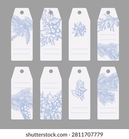Set of Christmas gift tags decorated with hand drawn pine branches, cones, holly berries and botanical ornaments. Vintage engraved style with writing lines, perfect for presents, labels, packaging, scrapbooking and holiday stationery.