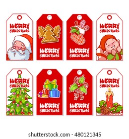 Set of Christmas gift tags with different design. Holiday label ready-to-use. Vector illustration isolated on a white background.
