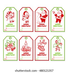 Set of Christmas gift tags with different design. Holiday label ready-to-use. Vector illustration isolated on a white background.
