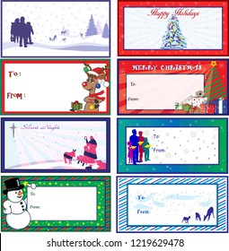 A set of Christmas gift tags with eight different colorful designs.