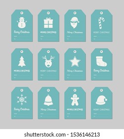 Set of Christmas gift tags with festive icons and greetings. Vector