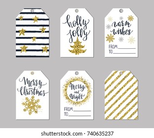 Set of Christmas gift tags with gold glitter and hand lettering