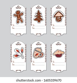 Set of Christmas gift tags with hand-drawn Christmas symbols - gingerbread of rosehip, keks, cup, christmas tree, men and house. Vector illustration isolated on grey background.