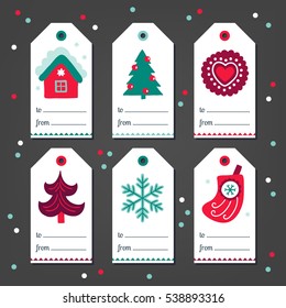 Set of Christmas Gift Tags with house, fir tree, cookie, snowflake, sock in White, Green and Red. Perfect for holiday greetings