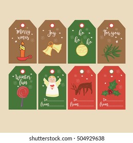 Set of Christmas gift tags and labels with hand drawn illustrations. Printable New Year cute ready-to-use gift tags with decorative elements.