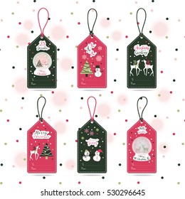 Set of Christmas Gift Tags with snowman, snowflakes, Christmas tree, snow globe, text and deer in pink, green, white colors with pink background for Christmas Holiday 