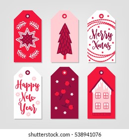 Set of Christmas Gift Tags with stars, fir tree, berry, snowflake and house in White, Pink and Red. Perfect for holiday greetings