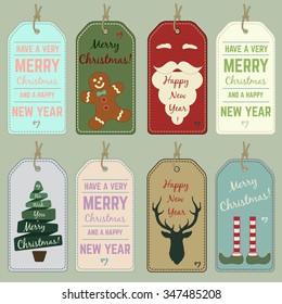 Set of Christmas gift tags with christmas tree, deer and gingerbread man.