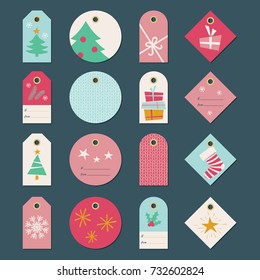 Set of Christmas gift tags with tree, box, holly, snowflake, star, striped sock, knitted pattern in red, pink, blue, green. Winter, New Year,  Navidad, Noel. For holiday greeting cards, presents.