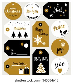 Set of Christmas gift tags with winter and Christmas illustrations and wishes. Holiday badge vector design