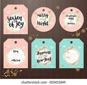Set of Christmas gift tags with winter illustrations and wishes. Holiday badge vector design with calligraphy and decorative elements. Handwritten modern lettering with snowflakes and framework.