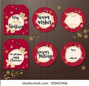 Set of Christmas gift tags with winter illustrations and wishes. Holiday badge vector design with calligraphy and decorative elements. Handwritten modern lettering with snowflakes and framework.