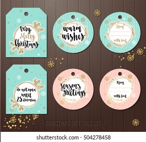 Set of Christmas gift tags with winter illustrations and wishes. Holiday badge vector design with calligraphy and decorative elements. Handwritten modern lettering with snowflakes and framework.