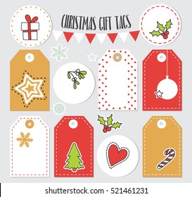 Set of Christmas gift tags with winter and Christmas illustrations. Holiday badge vector design