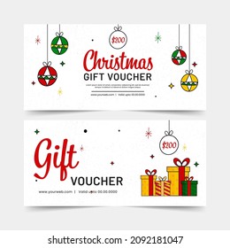 Set Of Christmas Gift Voucher Banner Layout With Baubles Hang And Gift Boxes In White Color.