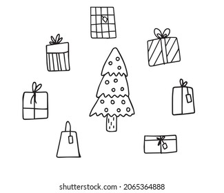A set of Christmas gifts. gifts with a black outline. Gifts around the Christmas tree. New Year's set of stickers, icons