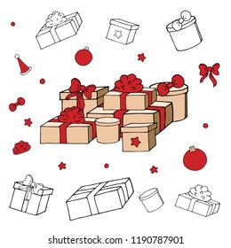 set of Christmas gifts and boxes in craft style