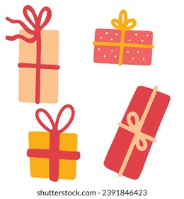 Set of Christmas gifts in cartoon style. Vector top view illustration of Christmas presents for social media, blog articles on gift guide and giveaway themes. Vector illustration.