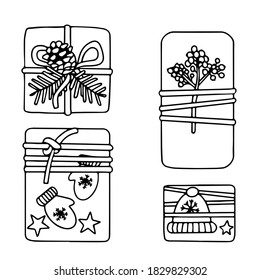 Set of Christmas gifts in Doodle style. Sketch, black outline on a white background. Cute vector illustration for New year decor.