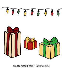 Set Christmas gifts and garlands. Red, green, yellow colors. Vector illustration. Elements for design, for packaging, print, paper boxes, covers, textiles, web, banner, social network, etc.