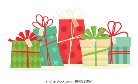 Set of Christmas gifts. Gift boxes with ribbons and patterns. Vector illustration in flat style.