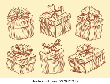 Set of Christmas gifts. Holiday gift box with ribbon bow. Vintage sketch vector illustration