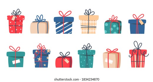 Set of Christmas gifts, New Year presents, gift boxes with ribbons, vector illustration in flat style