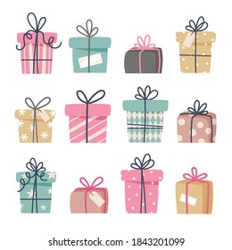 Set of Christmas gifts, New Year presents, gift boxes with ribbons, vector illustration in flat style