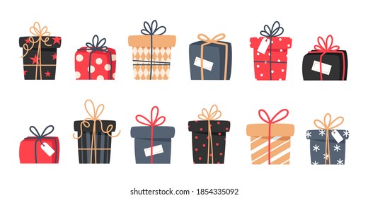 Set of Christmas gifts, New Year presents, gift boxes with ribbons, vector illustration in flat style