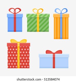 Set of Christmas gifts or present boxes with ribbon isolated on white background. Flat style icons. Vector illustration.