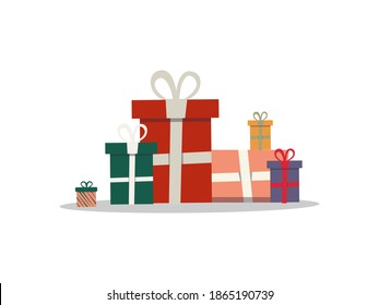 Set of Christmas gifts and surprises. Various boxes with ribbons. Vector illustration in a flat style.