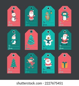 Set of Christmas gifts tags with Santa, snowman, reindeer, tree.